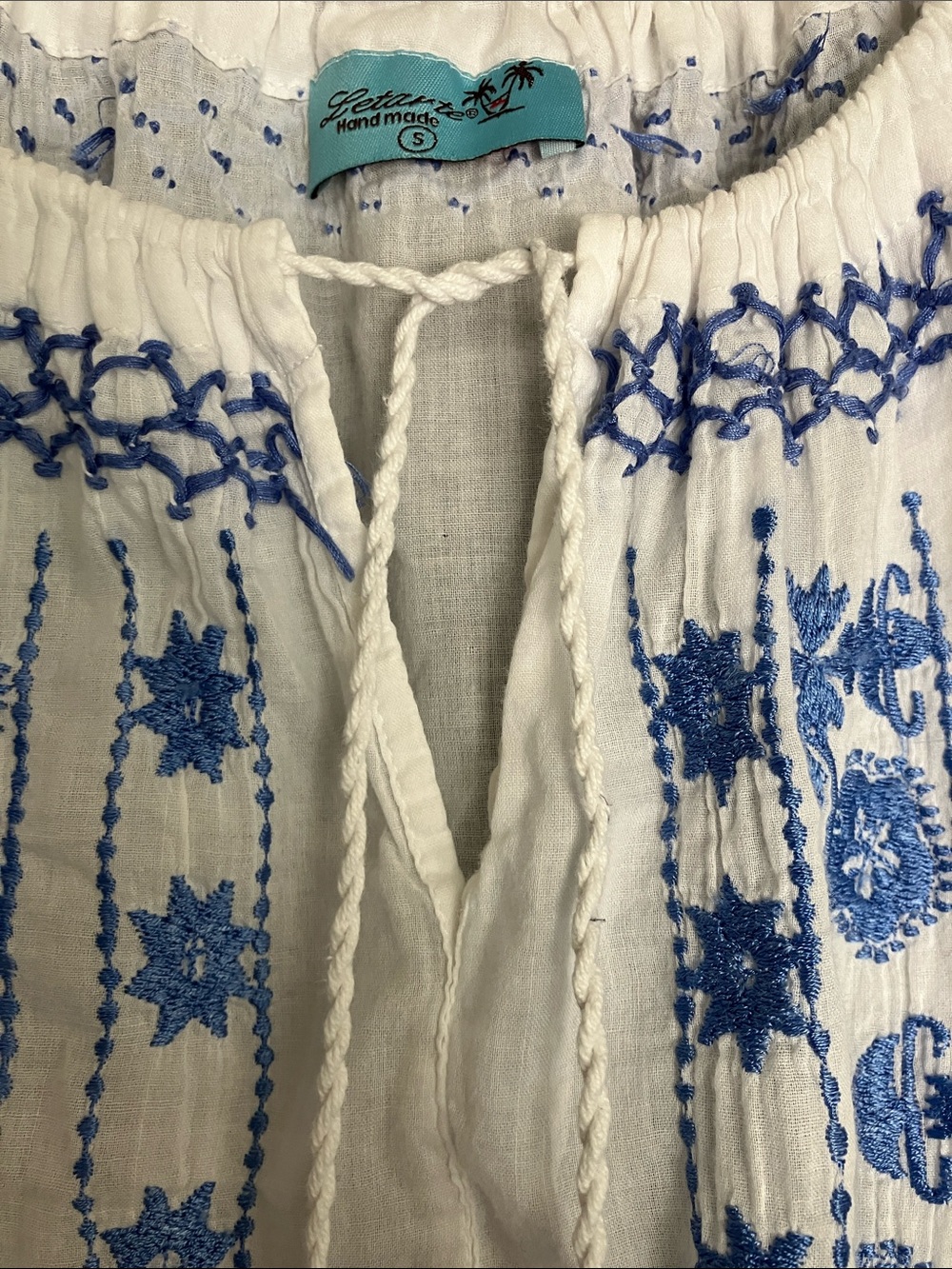 LETARTE Boho Peasant Top White w/ Blue Hand Embroidery Delicate Cotton Size S - Picture 5 of 9